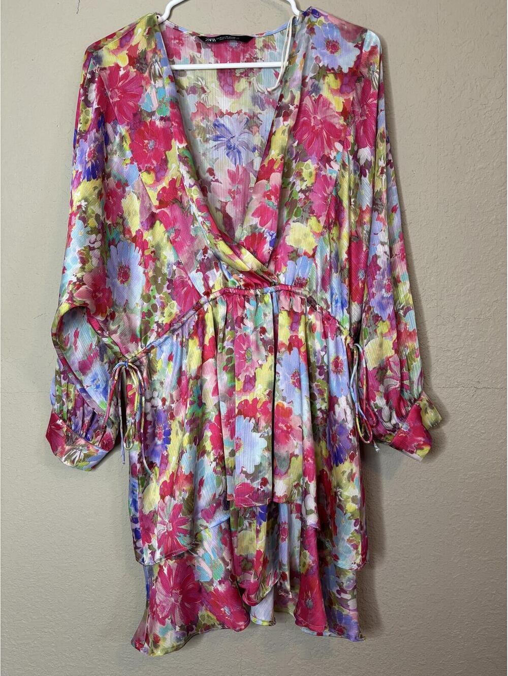 Zara Floral Mini Dress Long Sleeve Tie Waist Size M